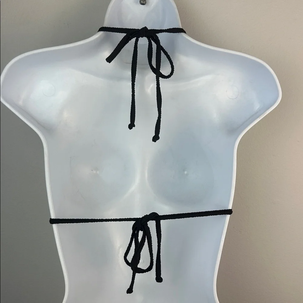 Frankie’s Bikinis Sky Ribbed Triangle Bikini Top Small Black String Straps Beach